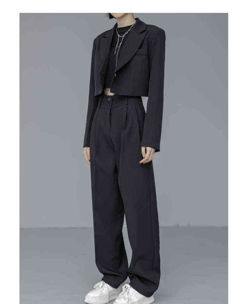 

loose women full sleeve short blazers jackets pants suits female casual ol quality trouser 2 pieces set 2022 spring autumn w284 t220729, Gray