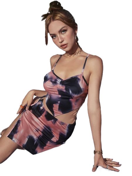 

tie dye criss-cross tie backless cami & ring linked split hem skirt x75k#, White