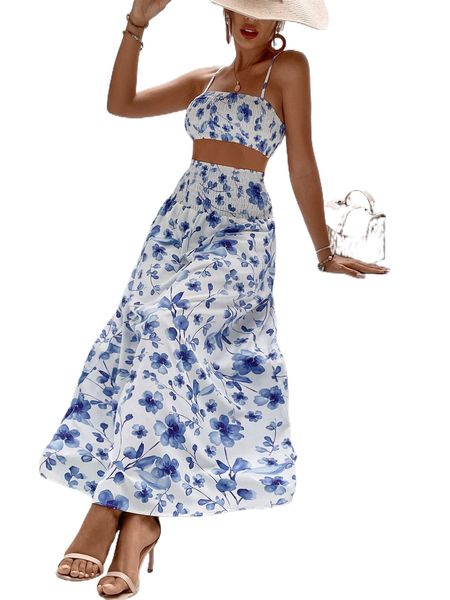 

floral print shirred crop cami & high waist skirt q10h#, White