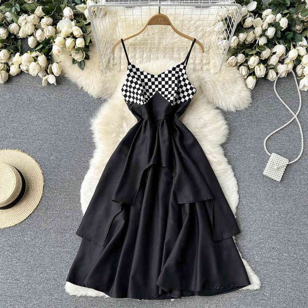 

casual dresses sweet girl off shoulder suspender pleated skirt waist closed casual versatile color contrast thin princess dress women's, Black;gray