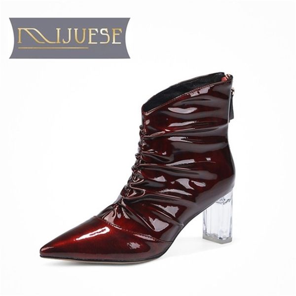 

mljuese 2021 women ankle boots cow leather winter short plush pointed toe zipper high heels female boots size 42 201031, Black