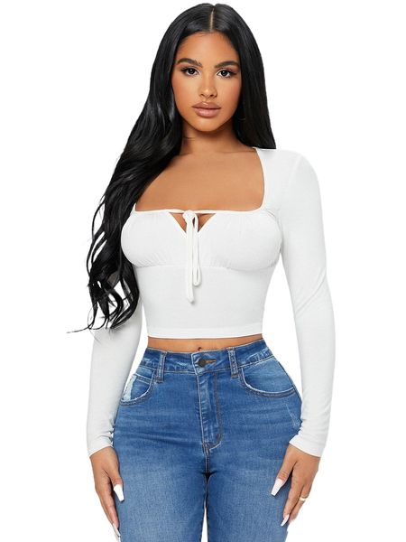

petite solid tie front crop l21p#, White