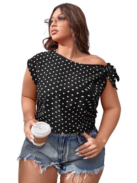

plus polka dot knot side asymmetrical neck blouse q2zv#, Black