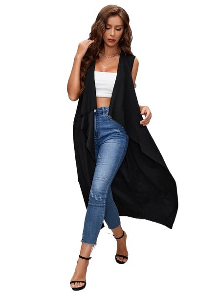 

waterfall collar open front belted coat c4of#, Black