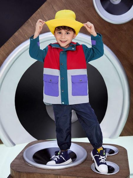 

toddler boys color block flap pocket hooded coat she, Blue;gray