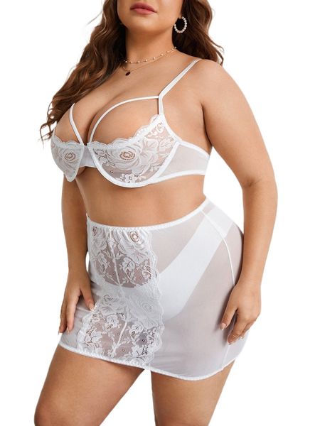 

plus floral lace cut-out underwire lingerie set g4jq#, Black;white