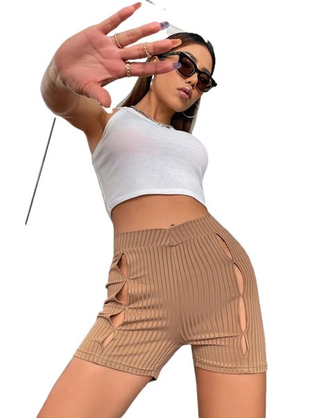 

cut out front ribbed knit shorts h6yi#, White;black