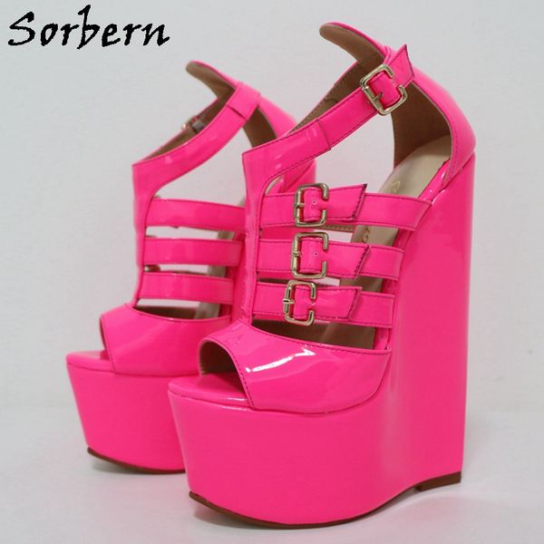 

sorbern neon pink wedges sandal 20cm high heel platform thick platform shoes super narrow sole, Black