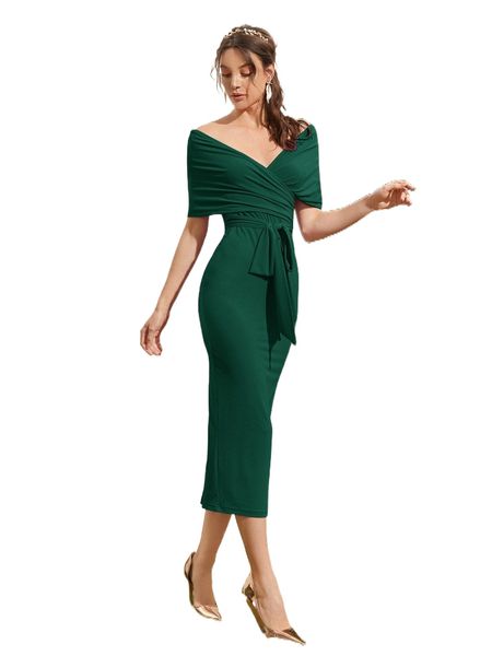 

surplice neck ruched detail split thigh belted dress o9pz#, Black;gray