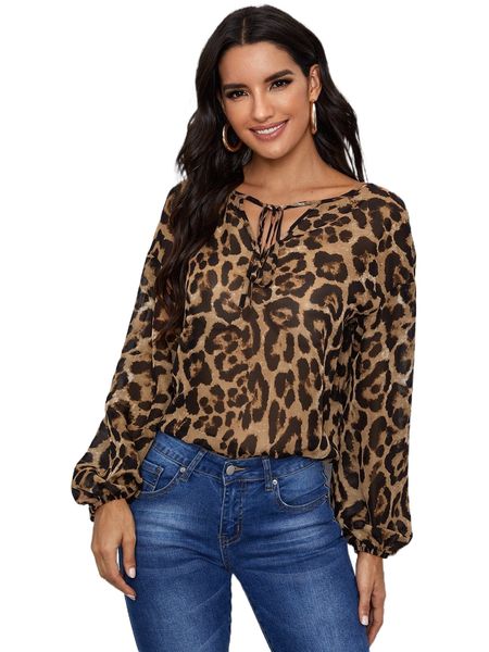 

tie neck lantern sleeve leopard chiffon q2cp#, White