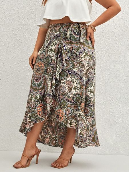 

plus paisley print high low hem belted skirt q28m#, Black