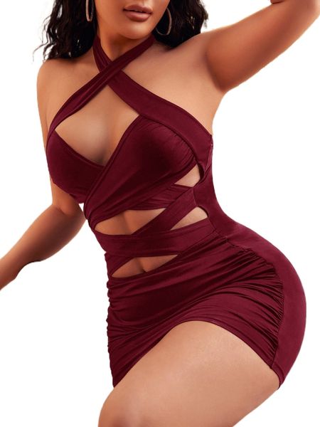 

sxy solid criss cross cut out backless dress o4ek#, Black;gray