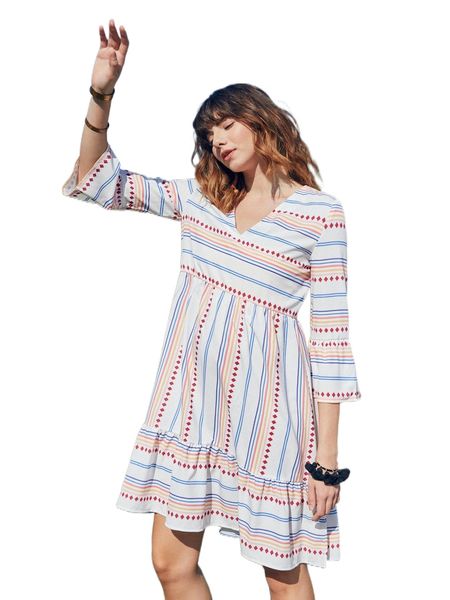 

geo and striped bell sleeve smock dress k4ie#, Black;gray
