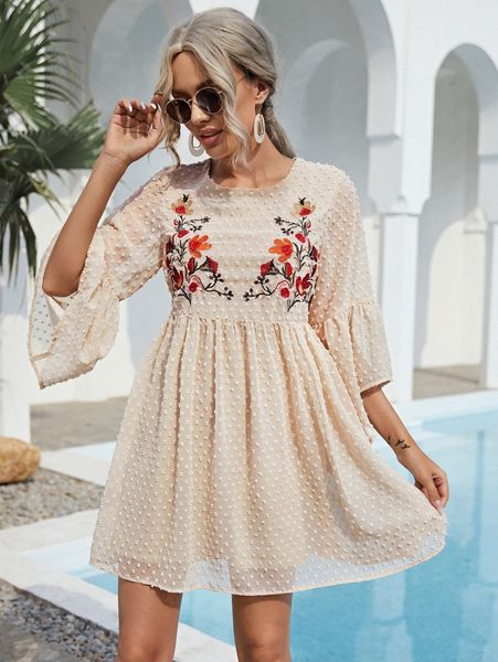 

floral embroidered bell sleeve swiss dot dress d46n#, Black;gray