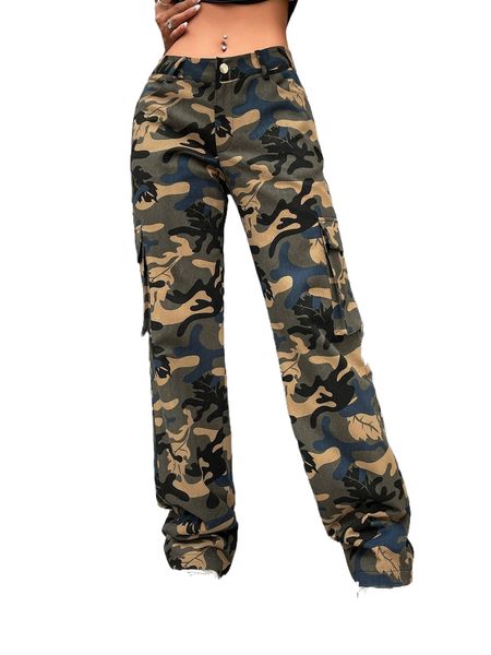 

camo print flap pocket side cargo pants y3mb#, Black;white