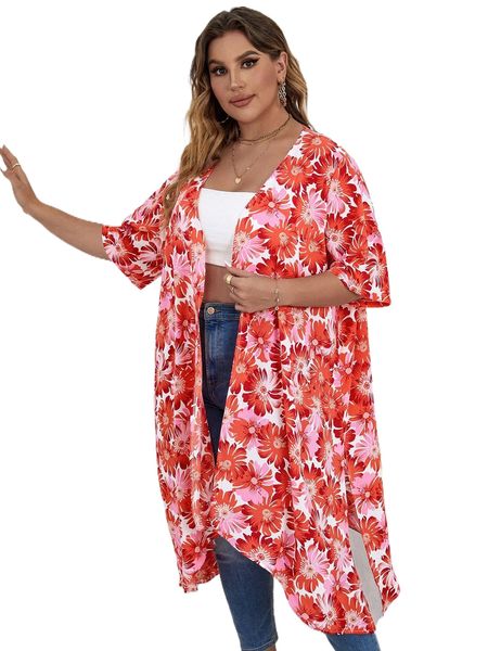 

plus allover floral print kimono c3rw#, Black;gray