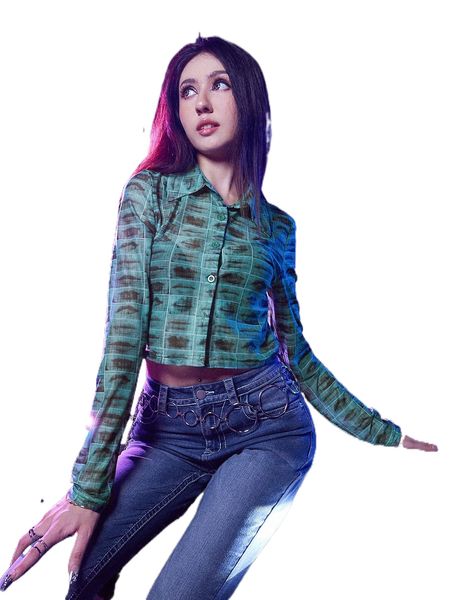 

romwe cyber luvr mouth print button front sheer crop e7ux#, White
