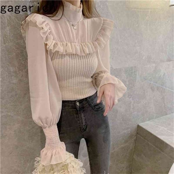 

gagarich women sweater winter autumn french sweet temperament female mesh stitching frill design solid color pullovers 210326, White