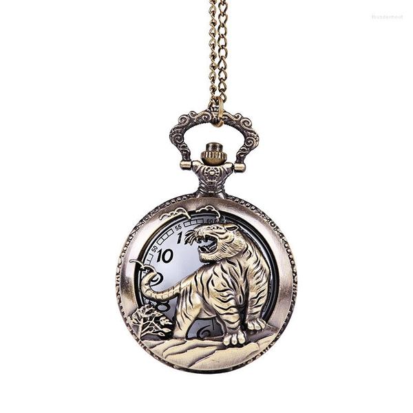 Pocket Watches o grande tigre oco esculpido em bronze zodíaco chinês como tigres correndo por um relógio de montanha