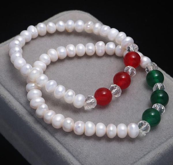 

100% natural freshwater pearl bracelet beaded strands oblate agate crystal bead 6-7mm stretch elastic, Black