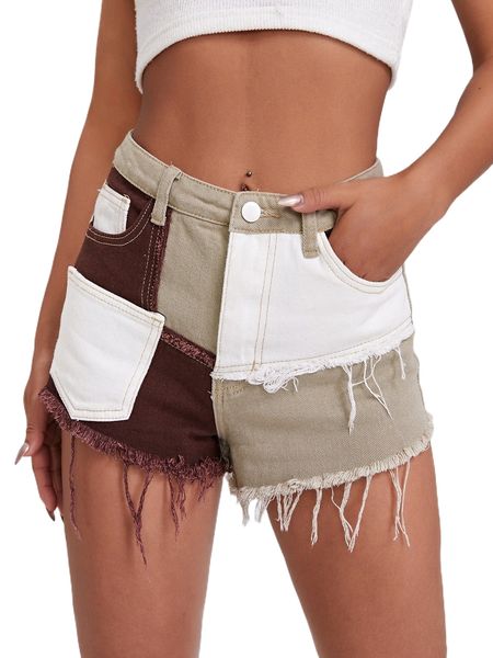 

frayed trim colorblock denim shorts z4gf#, White;black