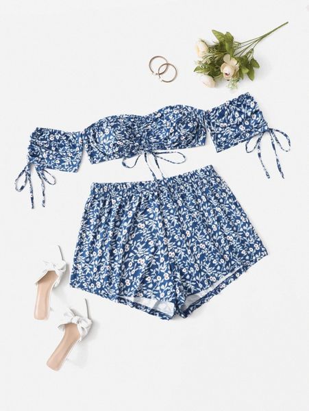 

plus ditsy floral off the shoulder drawstring detail & shorts 46zf#, Black