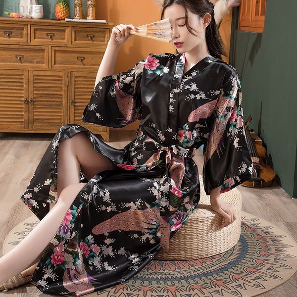 

roze chinese vrouwen zijde rayon gewaden lange nachthemden yukata kimono bad gown nachtkleding plus size sml xl xxl xxxl a-030 l220803, Black;red