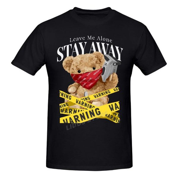 Herren-T-Shirts „Stay Away Teddy Bear Holding Radio And Yellow Warning Tape“ T-Shirts Harajuku Kurzarm-T-Shirt Grafik-T-Shirt Marken-T-Shirt
