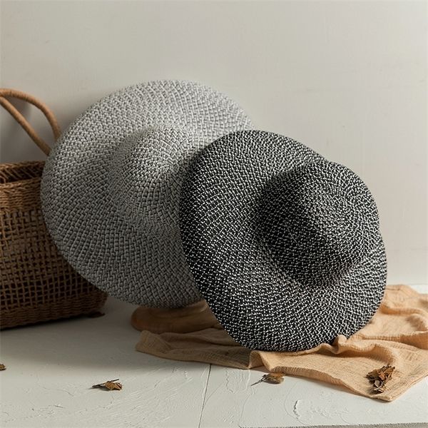 

summer hepburn style vintage design straw hat women girls solid color beach holiday big sun cap 220627, Blue;gray