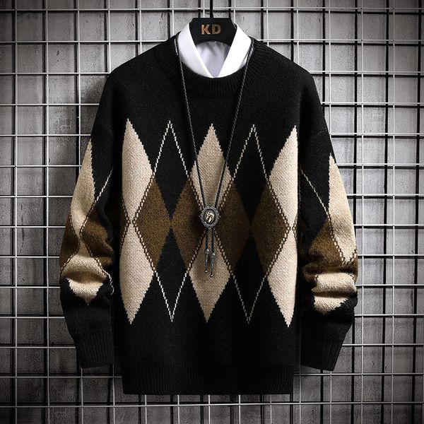 

men's sweaters winter fashion argyle sweater men knitwear thick warm knitted pullover mens sweaters casual loose male jumpers 220826, White;black