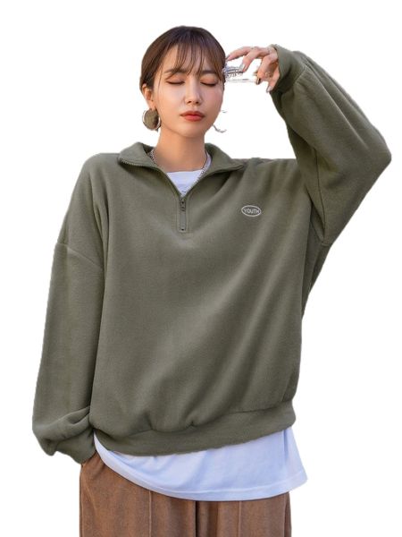 

dazy quarter zip letter embroidery drop shoulder fleece sweatshirt b28r#, Black
