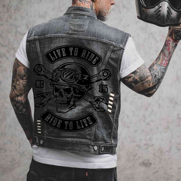 

2032 * skull worn hole denim jacket vest men's, Black;brown