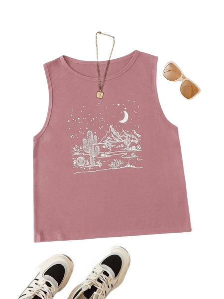 

plus moon & cactus print tank p7xw#, Black