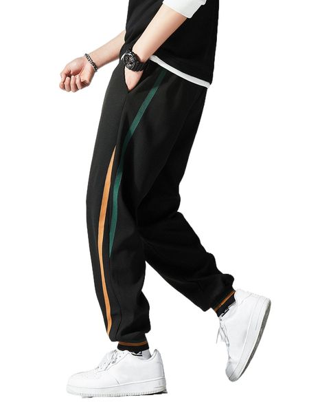 

men contrast tape drawstring waist sweatpants t47m#, Black
