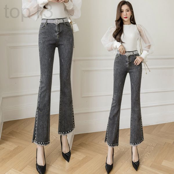 

women's jeans designer smoke grey autumn new denim capris women's high waist elastic nail bead split micro flared pants 41kz, Blue