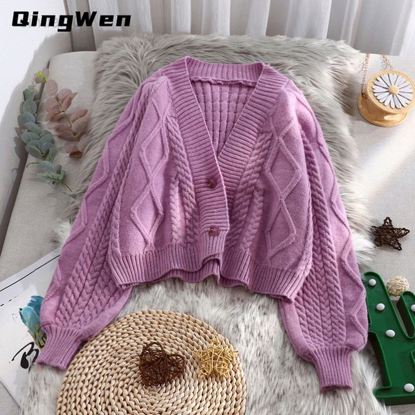 

qingwen new short knitted vest sweater women autumn winter clothing all-competition loose lantern sleeves solid sweater jacket l220725, White