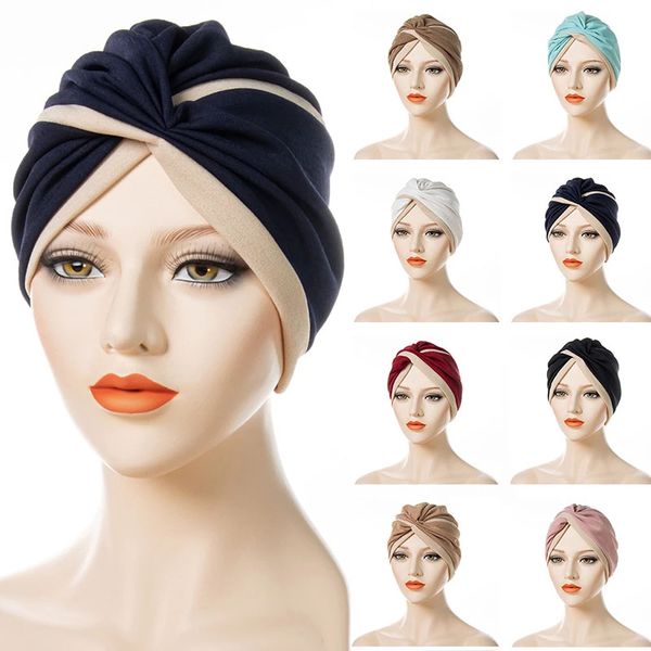 

new african headtie twist indian hat two color stitching forehead cross fold hijab caps muslim women's headscarf bonnet, Blue;gray