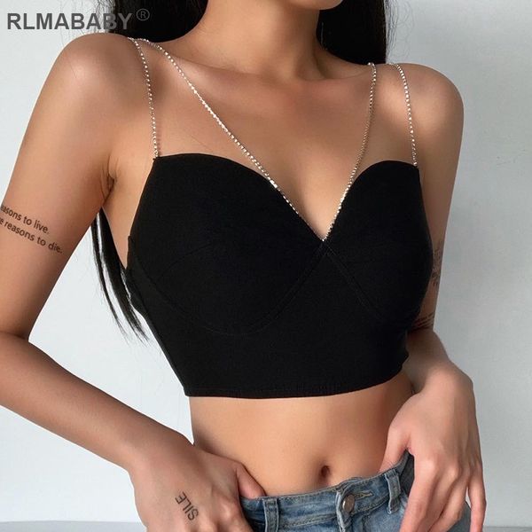 

shiny diamond spaghetti strap crop deep v neck backless summer women back zipper beading camisole casual party, Black;white