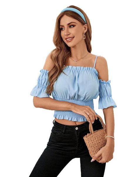

cold shoulder frill trim shirred blouse x3hl#, White