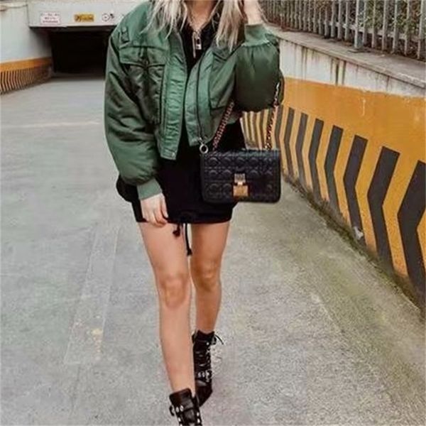 

zxqj women fashion basic loose padded bomber jacket coat vintage long sleeve zipper warm female outerwear chic 220810, Black;brown