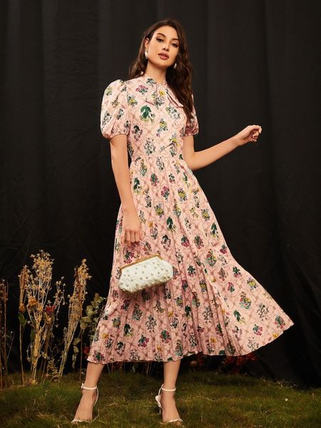 

floral print pleated hem a-line dress b0sg#, Black;gray