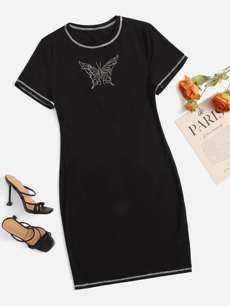 

plus rhinestone butterfly pattern stitching dress l5y9#, Black