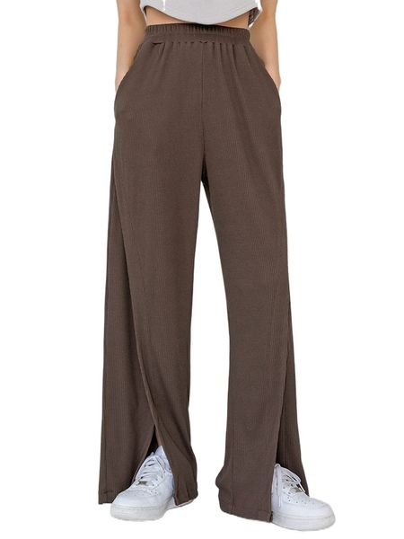 

dazy rib knit wrap hem slant pocket pants p2ci#, Black;white