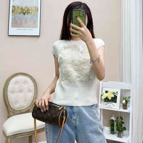 

women's knits & tees cashmere short sleeved five pointed star heavy industry embroidery gold silk sweater little bee knitted women&#039, White