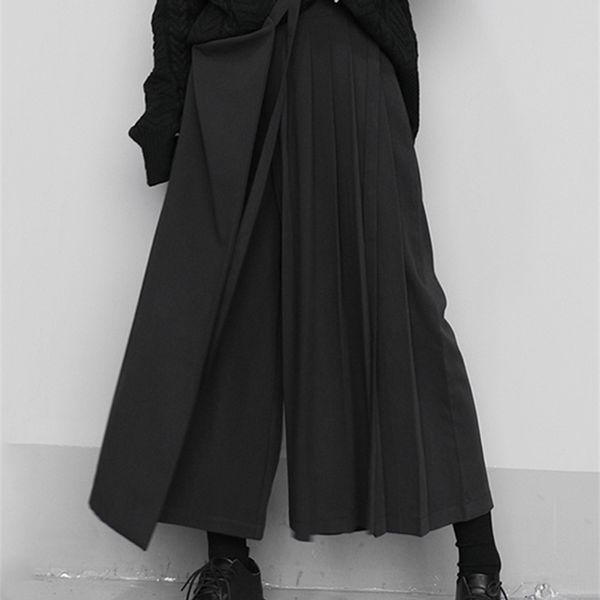 

[eam] high elastic waist black pleated split wide leg trousers loose fit pant fashion spring autumn 1n666 220325, Black;white