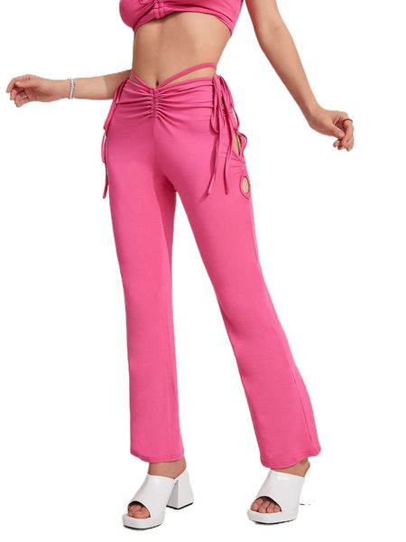 

cut out drawstring tie back flare leg pants k1ea#, Black;white