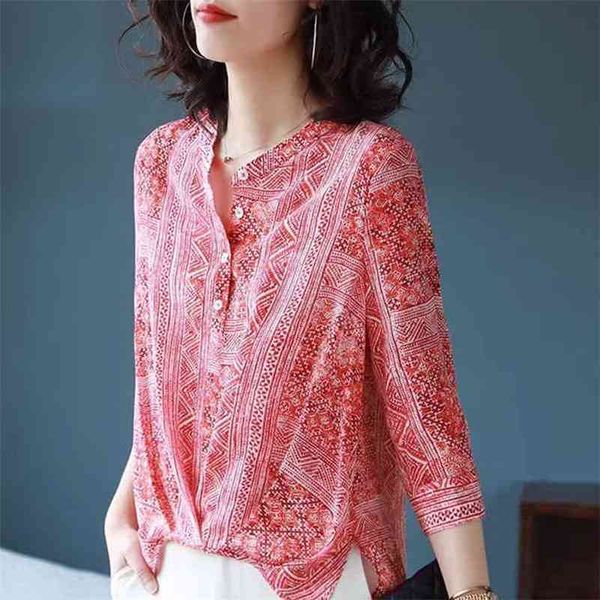 5XL Frauen Frühling Sommer Stil Chiffon Blusen Shirts Dame Casual Drei Viertel Hülse Gedruckt Rot Chiffon Blusas Tops DF3036 210401