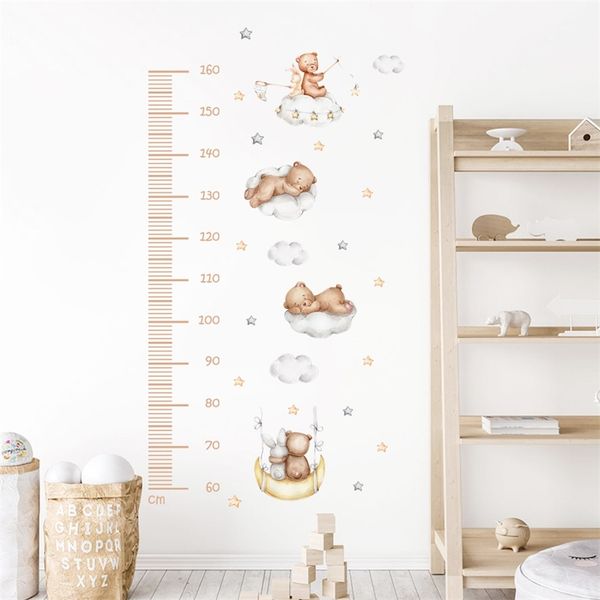 Cartoon Baby Misurazione dell'altezza Orso Nuvole Luna Stelle Wall Sticker Nursery Decalcomanie da muro in vinile Camera da letto per bambini Interior Home Decor 220613