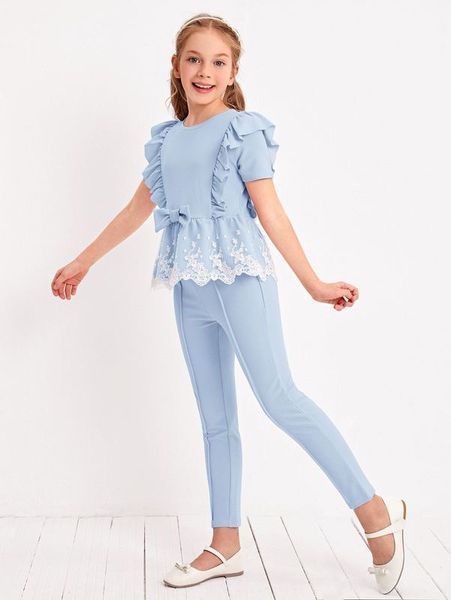 

girls contrast embroidered mesh ruffle trim & leggings set she, White