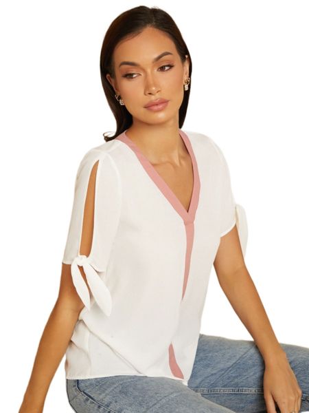 

knot cuff contrast trim blouse u8u9#, White